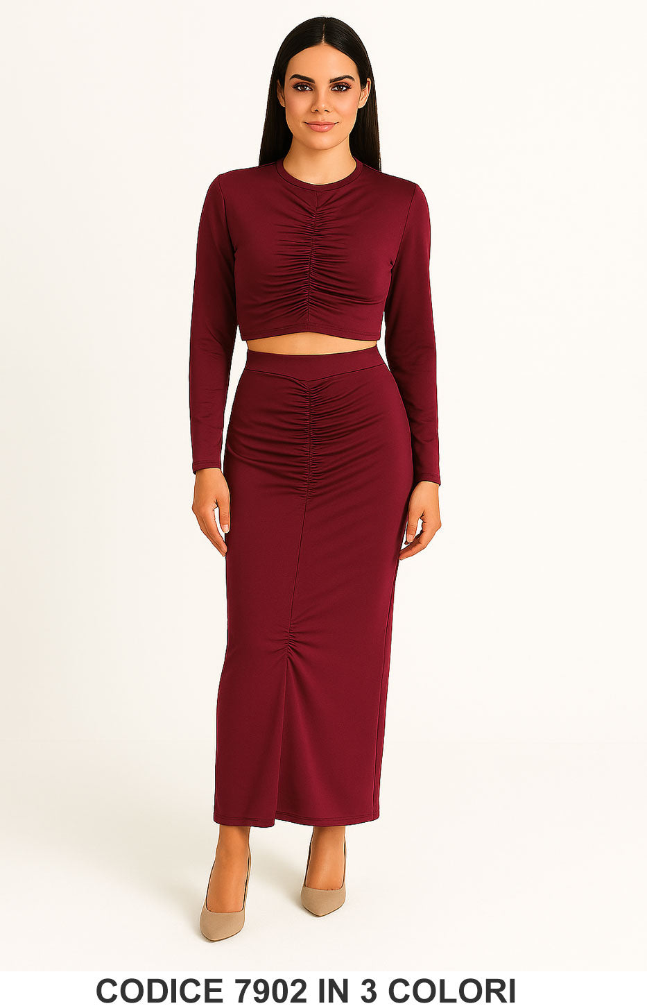 Completo donna con crop top arricciato e gonna lunga Coordinato