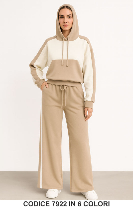 Completo sporty-chic con Felpa cappuccio bicolore Pantalone Righe Tuta Sportiva in 6 colori – 7922