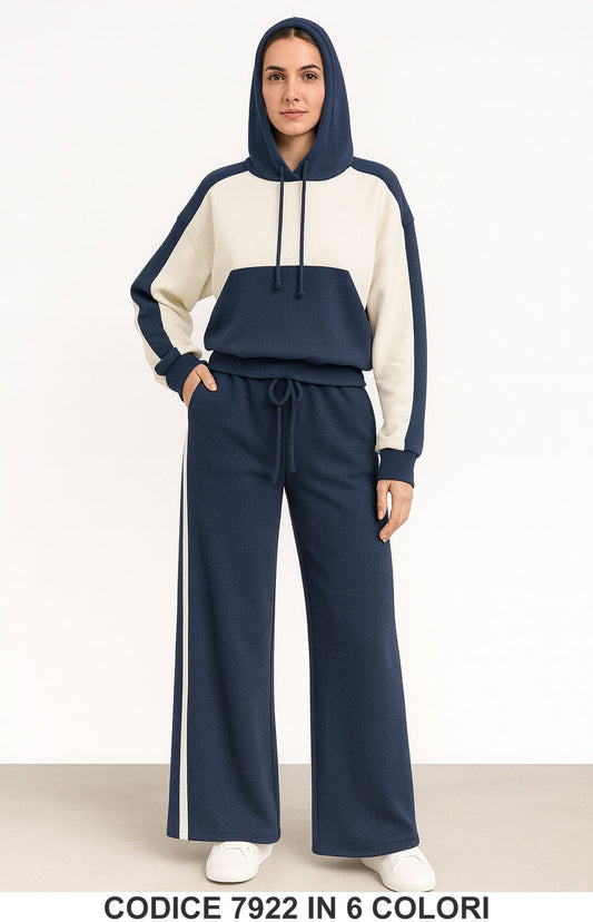 Completo sporty-chic con Felpa cappuccio bicolore Pantalone Righe Tuta Sportiva in 6 colori – 7922
