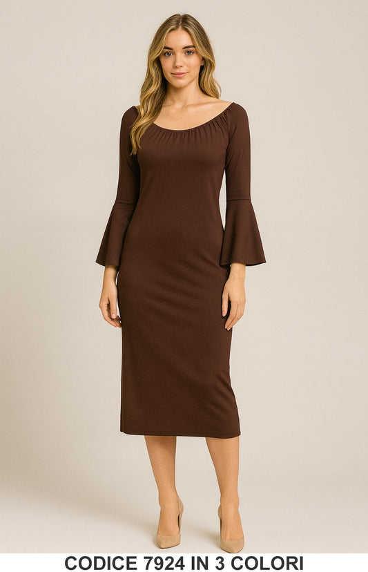Abito midi elegante con maniche a campana Vestito Lungo Evento Fashion in 3 Colori – 7924