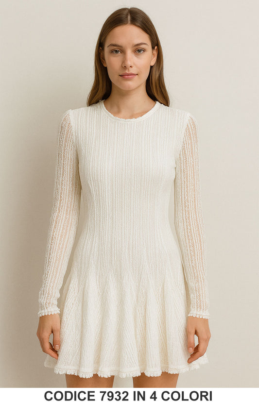 Vestito corto in pizzo con maniche lunghe e balza svasata Abito Romantico in 4 colori – 7932