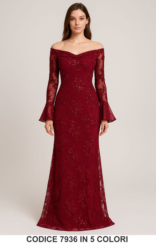 Abito Lungo Elegante con Paillettes e Scollo a Barca Vestito Cerimonia Ricamato in 4 Colori – 7936