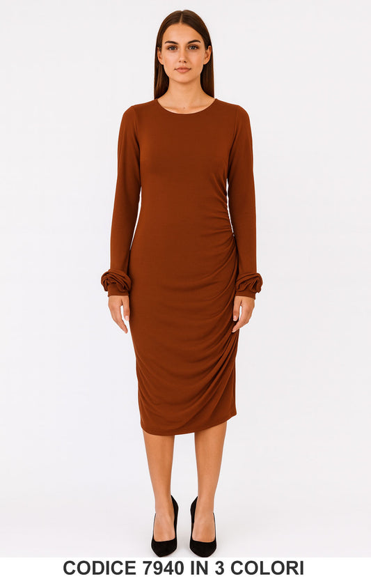 Abito Midi con Arricciatura e Maniche a Fiore Vestito Elegante Casual in 3 Colori – 7940