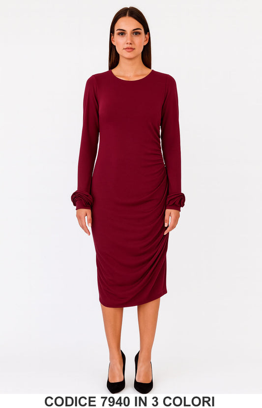 Abito Midi con Arricciatura e Maniche a Fiore Vestito Elegante Casual in 3 Colori – 7940