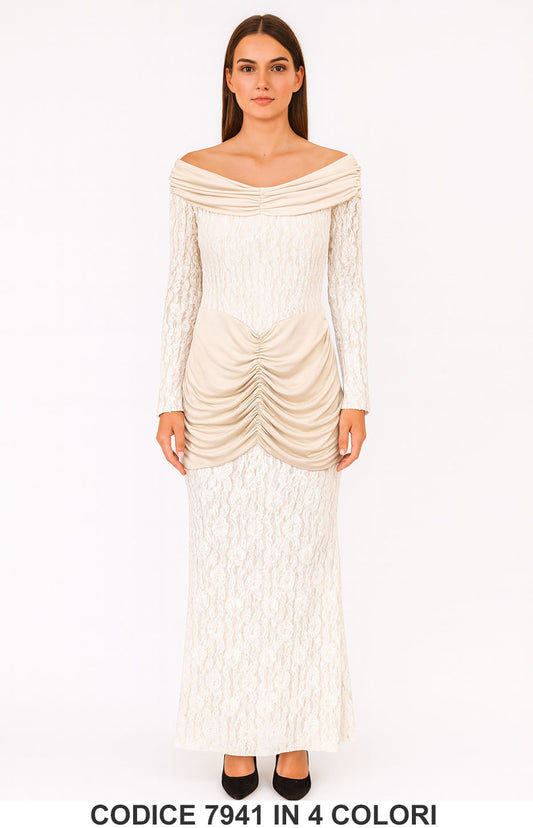 Abito Lungo in Pizzo con Drappeggio Vestito Elegante Cerimonia Evento in 4 Colori – 7941