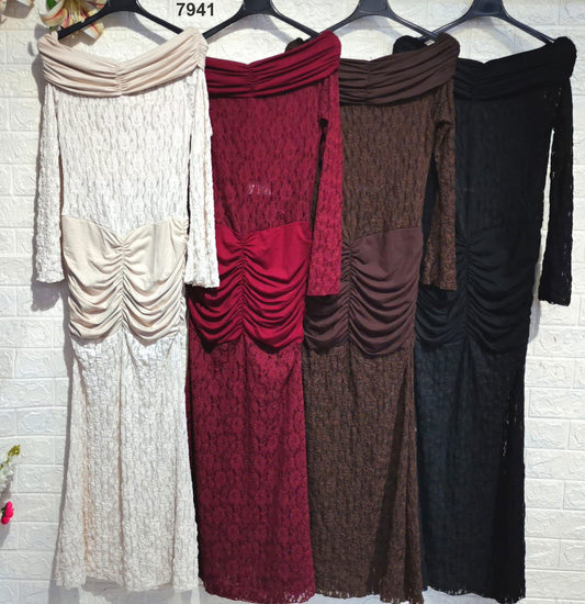 Abito Lungo in Pizzo con Drappeggio Vestito Elegante Cerimonia Evento in 4 Colori – 7941