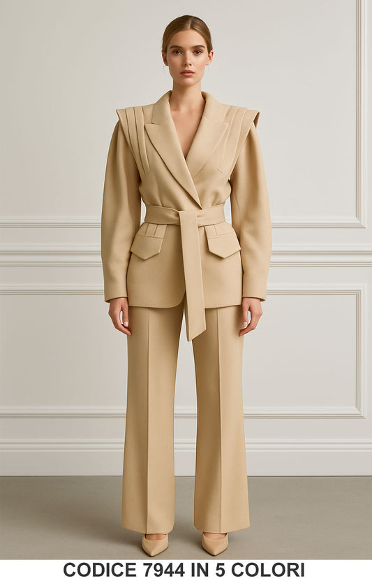 Completo elegante giacca con spalline plissettate e cintura pantalone a palazzo Tailleur in 5 colori – 7944