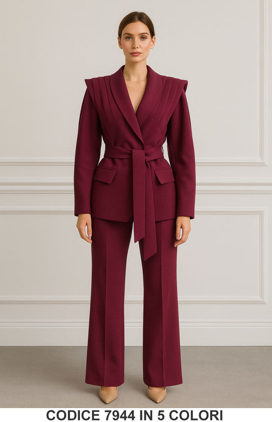 Completo elegante giacca con spalline plissettate e cintura pantalone a palazzo Tailleur in 5 colori – 7944