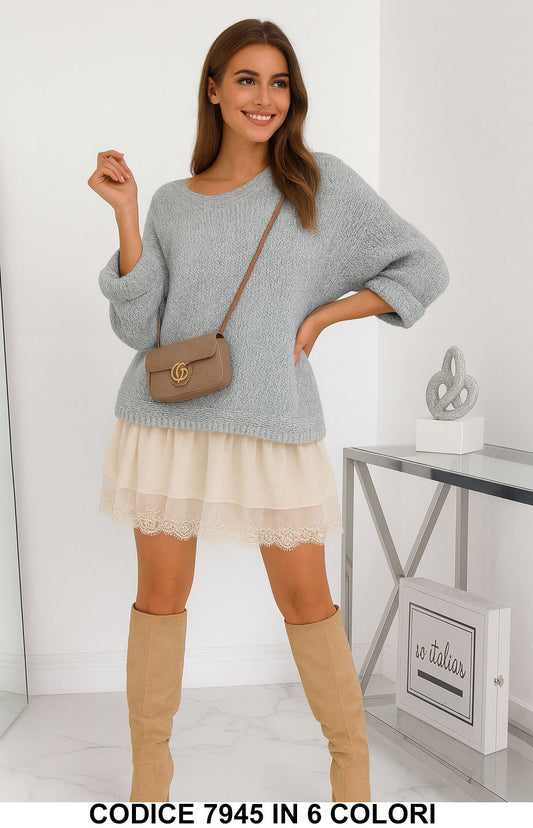 Completo Donna Maglia Oversize + Vestito Smanicato con Gonna in Tulle e Pizzo in 6 Colori – 7945