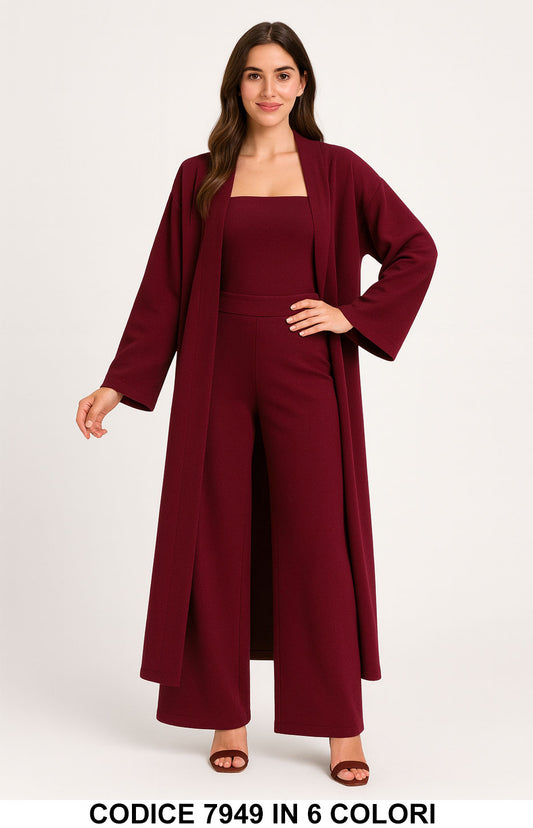 Completo Donna 3 Pezzi Top + Pantalone Palazzo + Kimono Lungo in Scuba Viscosa Felpato in 6 Colori – 7949