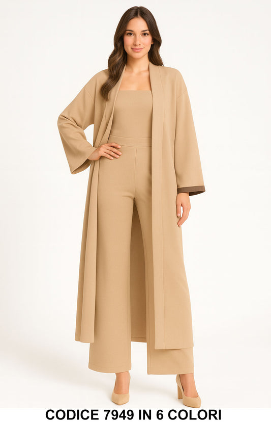 Completo Donna 3 Pezzi Top + Pantalone Palazzo + Kimono Lungo in Scuba Viscosa Felpato in 6 Colori – 7949