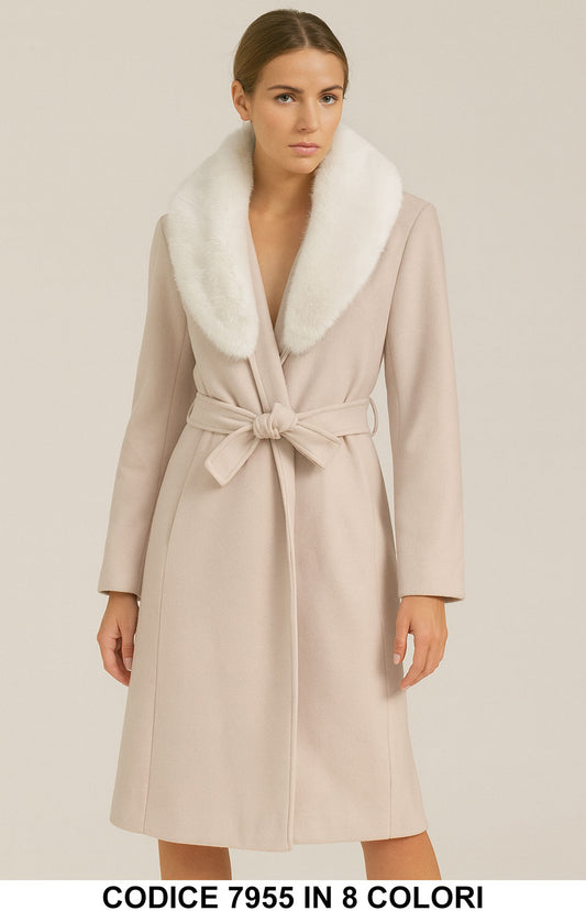 Cappotto con collo in ecopelliccia e cintura Fashion Elegante Capospalla in 8 colori – 7955