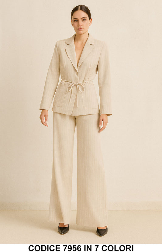 Tailleur Gessato Giacca + Pantalone Palazzo Completo Elegante con Cintura Coordinato in 7 colori – 7956