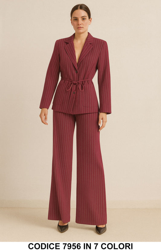 Tailleur Gessato Giacca + Pantalone Palazzo Completo Elegante con Cintura Coordinato in 7 colori – 7956