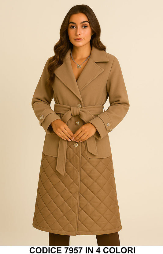 Cappotto Lungo con Dettaglio Trapuntato e Cintura Elegante Bottoni Gioiello in 4 colori – 7957