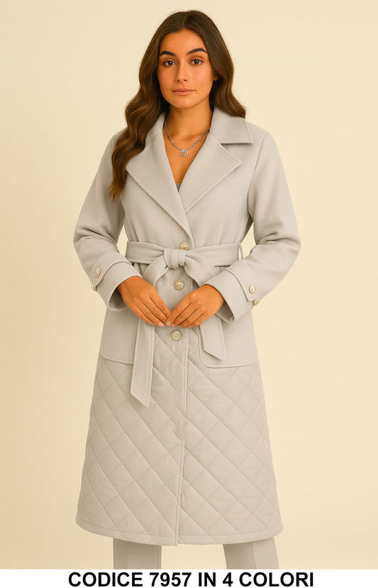 Cappotto Lungo con Dettaglio Trapuntato e Cintura Elegante Bottoni Gioiello in 4 colori – 7957