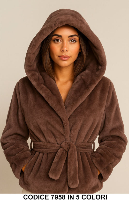 Pelliccia Corta con Cappuccio e Cintura Giubbotto Fashion Elegante Caldo in 5 colori – 7958