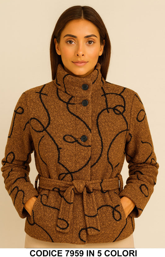 Cappotto Corto Fantasia Astratta con Cintura Giubbotto Collo Alto Fashion in 6 colori – 7959