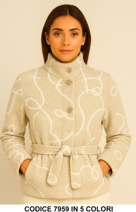 Cappotto Corto Fantasia Astratta con Cintura Giubbotto Collo Alto Fashion in 6 colori – 7959