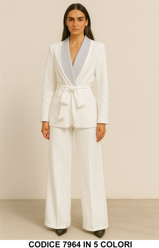 Tailleur Giacca con Cintura Pantalone Palazzo Completo Elegante con Revers Brillantinato in 5 colori – 7964
