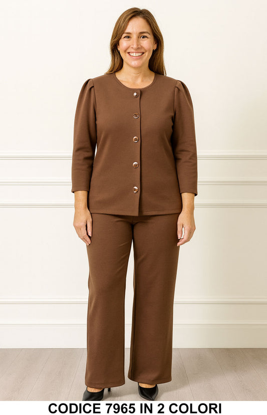 Completo Donna con Bottoni Gioiello Maglia Bottoni Gioiello Pantalone Palazzo in 2 Colori – 7965