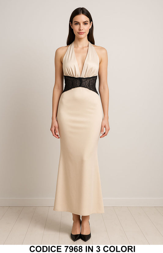 Abito lungo con inserto in pizzo in vita Vestito Elegante Cerimonia Evento in 3 Colori – 7968