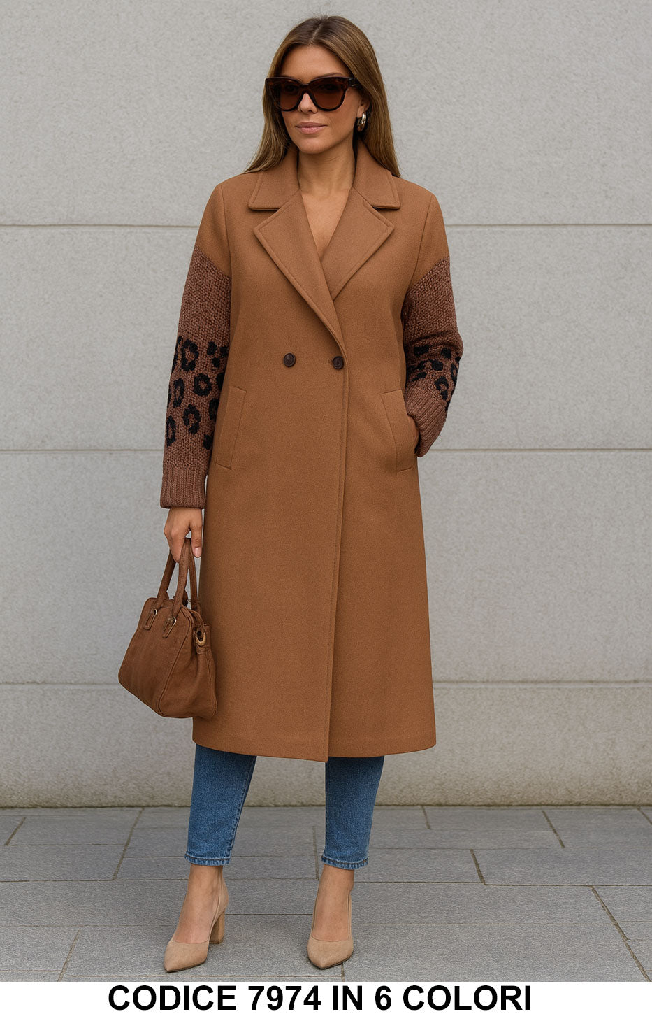 Cappotto Donna con Maniche in Maglia Animalier – Elegante e Caldo in 6 Colori – 7974 Cappotto Donna con Maniche in Maglia Animalier – Elegante e Caldo in 6 Colori – 7974