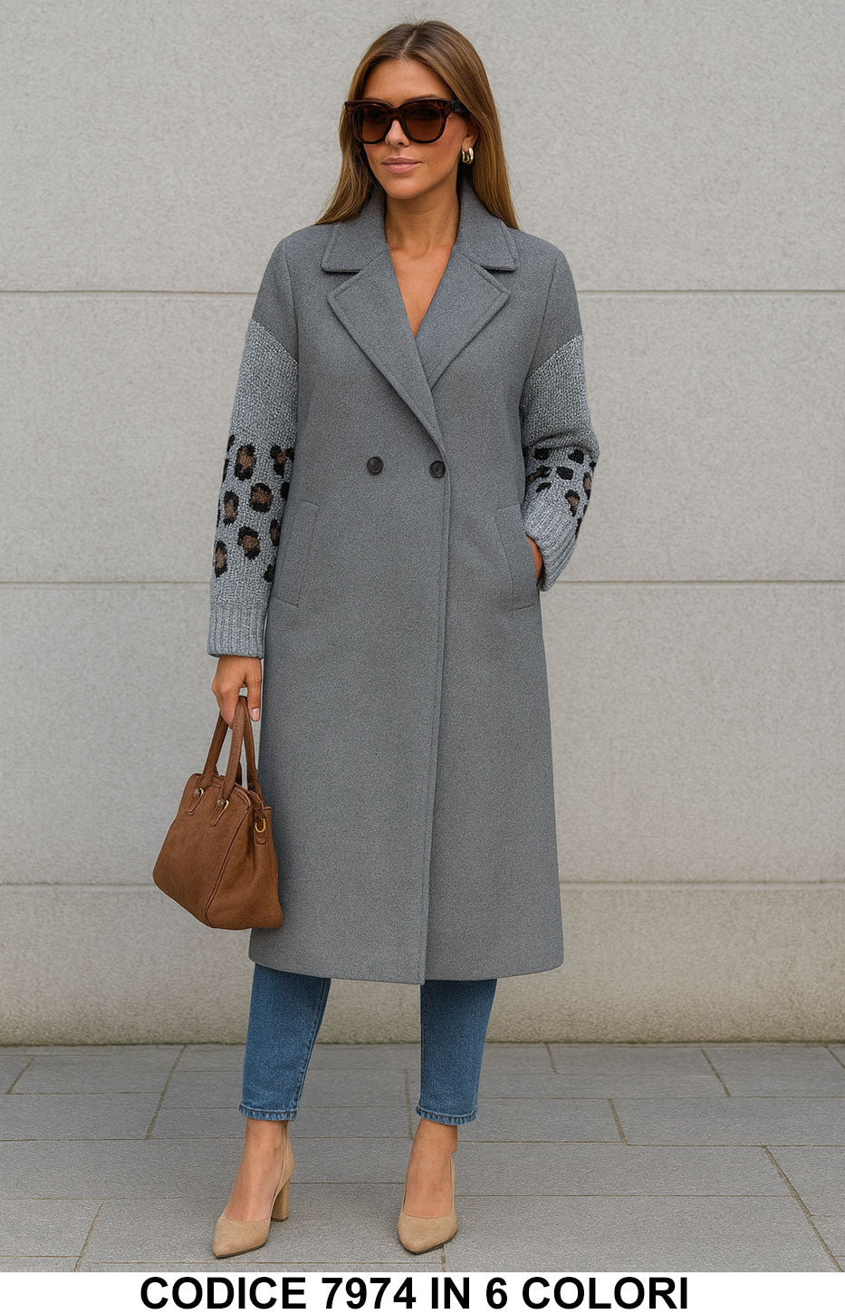 Cappotto Donna con Maniche in Maglia Animalier – Elegante e Caldo in 6 Colori – 7974 Cappotto Donna con Maniche in Maglia Animalier – Elegante e Caldo in 6 Colori – 7974