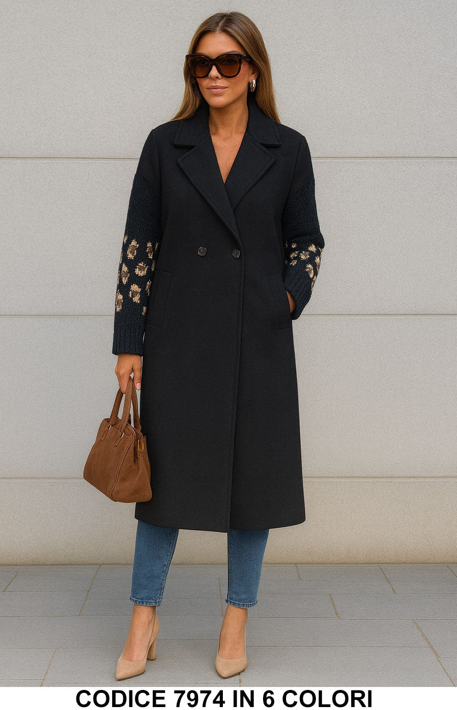 Cappotto Donna con Maniche in Maglia Animalier – Elegante e Caldo in 6 Colori – 7974 Cappotto Donna con Maniche in Maglia Animalier – Elegante e Caldo in 6 Colori – 7974