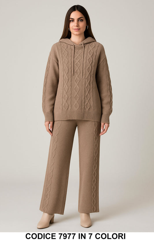 Completo Donna in Maglia Treccia con Cappuccio Coordinato Casual e Caldo in 7 Colori – 7977