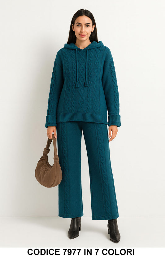 Completo Donna in Maglia Treccia con Cappuccio Coordinato Casual e Caldo in 7 Colori – 7977