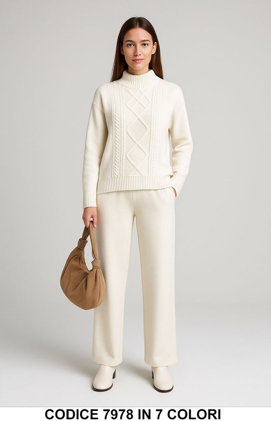Completo Donna in Maglia Treccia con Dolcevita Coordinato Elegante e Caldo in 7 Colori – 7978