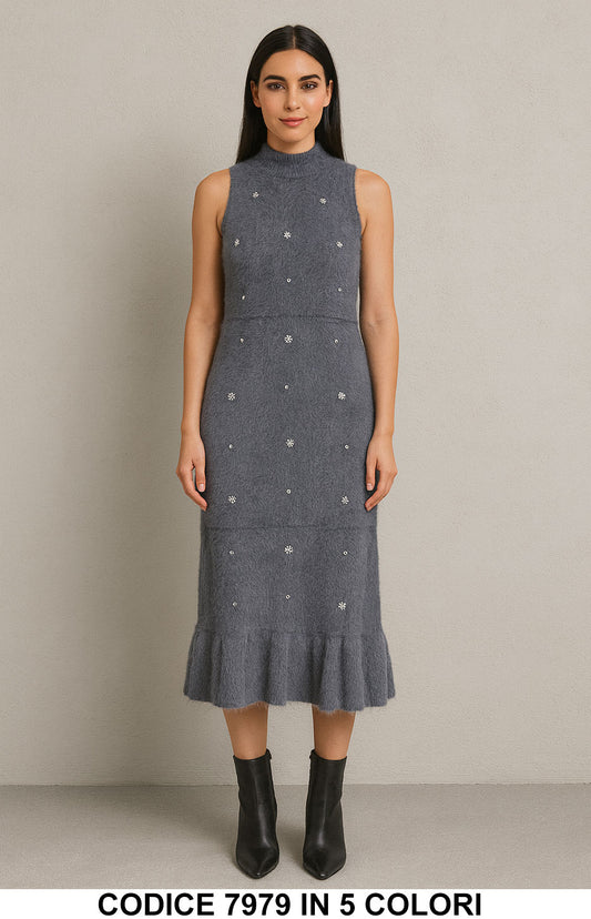 Abito Midi in Morbida Maglia con Strass Vestito Lungo Elegante e Caldo in 5 Colori – 7979