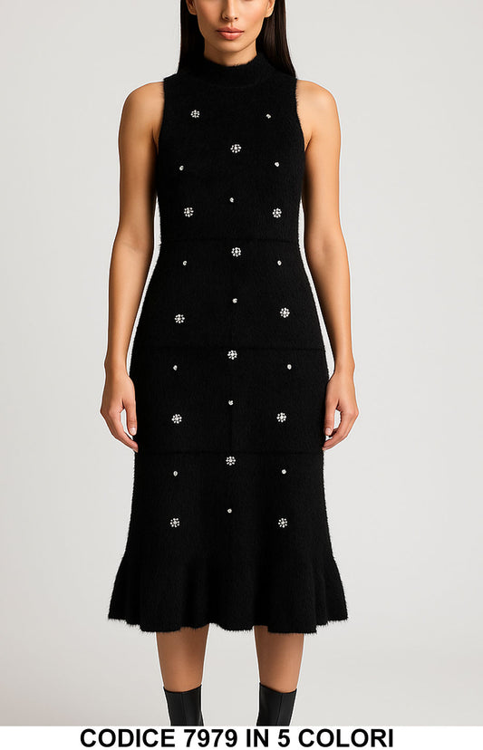 Abito Midi in Morbida Maglia con Strass Vestito Lungo Elegante e Caldo in 5 Colori – 7979