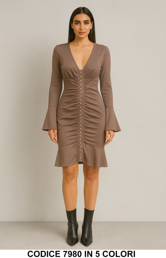 Abito Corto con Bottoni Gioiello e Maniche Svasate Vestito Elegante e Femminile in 5 Colori – 7980