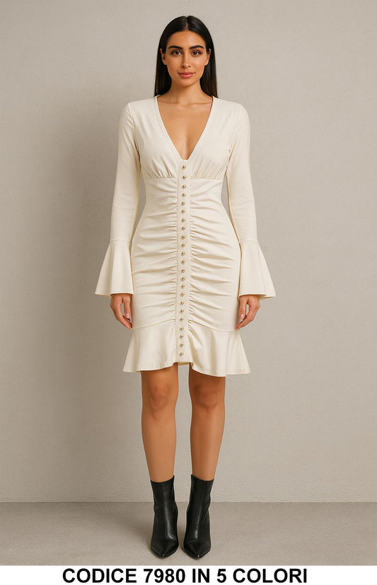 Abito Corto con Bottoni Gioiello e Maniche Svasate Vestito Elegante e Femminile in 5 Colori – 7980
