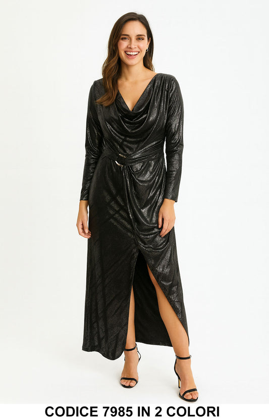 Abito lungo drappeggiato effetto metallico Vestito Elegante Fashion in Beige o Nero – 7985