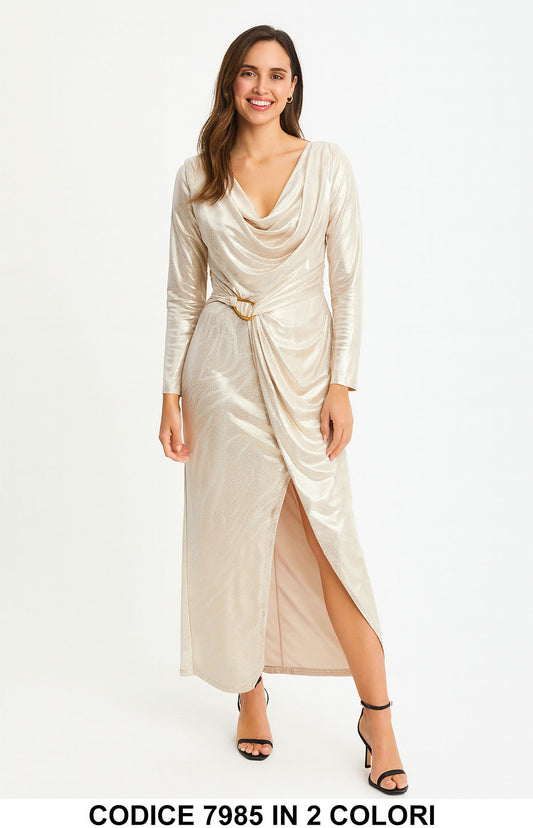 Abito lungo drappeggiato effetto metallico Vestito Elegante Fashion in Beige o Nero – 7985