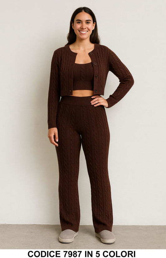 Completo tre pezzi lavorato a treccia Maglia Corta Gilet al Collo Pantalone Palazzo in 4 Colori – 7987