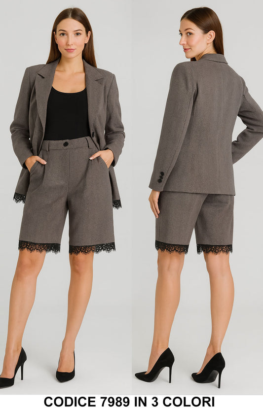 Tailleur con bermuda e pizzo nero Giacca e Shorts Eleganti Completo Coordinato in 3 Colori – 7989