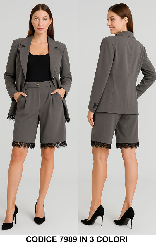 Tailleur con bermuda e pizzo nero Giacca e Shorts Eleganti Completo Coordinato in 3 Colori – 7989