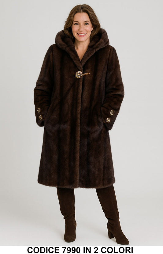 Pelliccia Cappotto lungo con cappuccio e dettaglio gioiello Pellicce di Qualità in 2 Colori – 7990