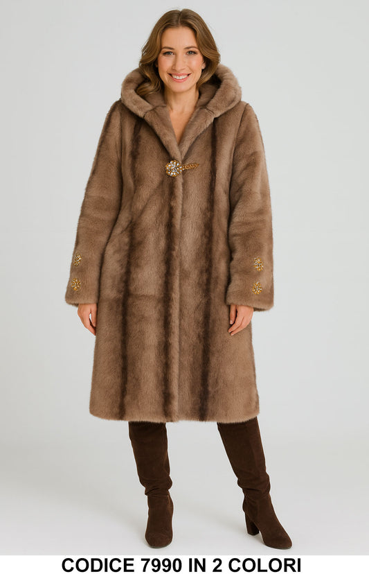 Pelliccia Cappotto lungo con cappuccio e dettaglio gioiello Pellicce di Qualità in 2 Colori – 7990