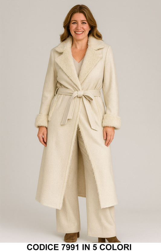 Cappotto lungo in pelliccia interna con cintura Elegante Fashion Giacca Lunga in 5 Colori – 7991