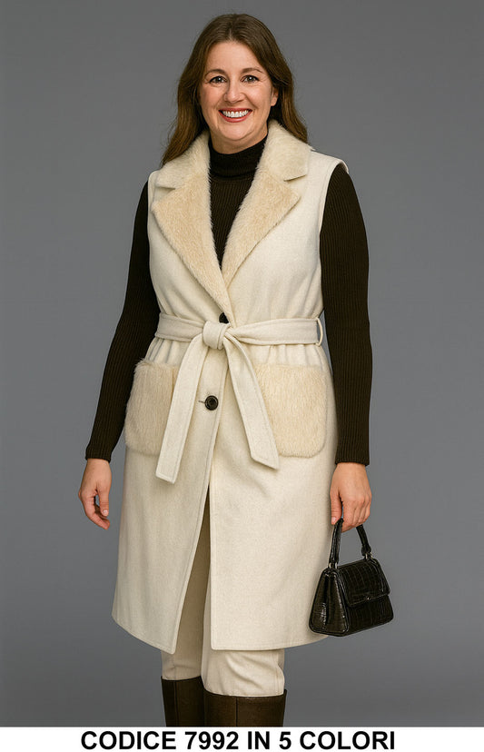 Gilet lungo con cintura e dettagli in pelliccia Cappotto Smanicato Casual Chic in 5 Colori – 7992