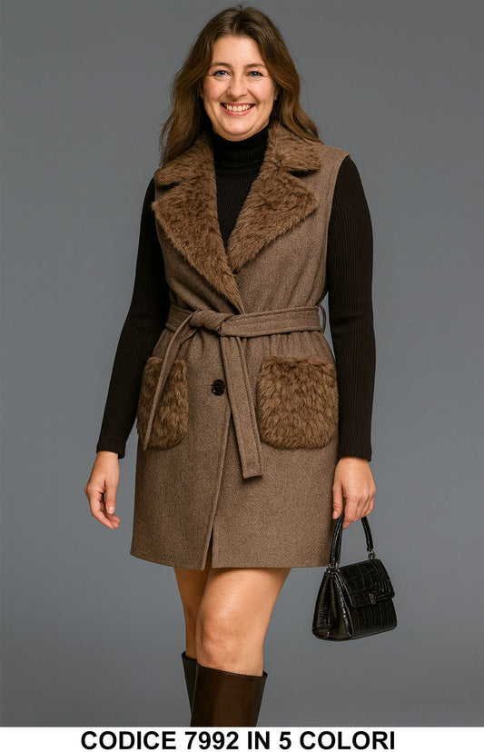 Gilet lungo con cintura e dettagli in pelliccia Cappotto Smanicato Casual Chic in 5 Colori – 7992