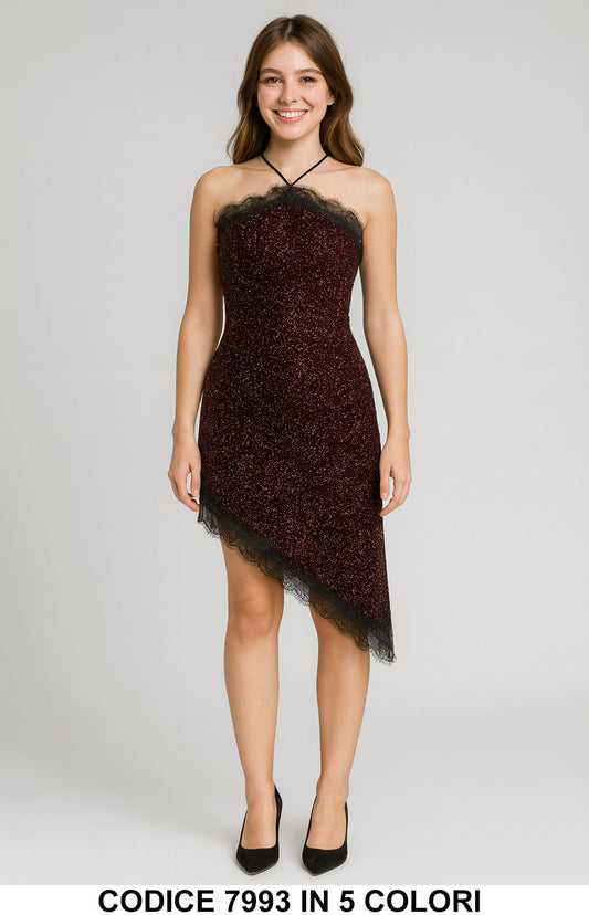 Abito corto monospalla in lurex con pizzo Vestito Elegante Asimmetrico in 5 Colori – 7993