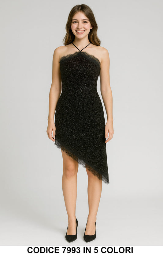 Abito corto monospalla in lurex con pizzo Vestito Elegante Asimmetrico in 5 Colori – 7993