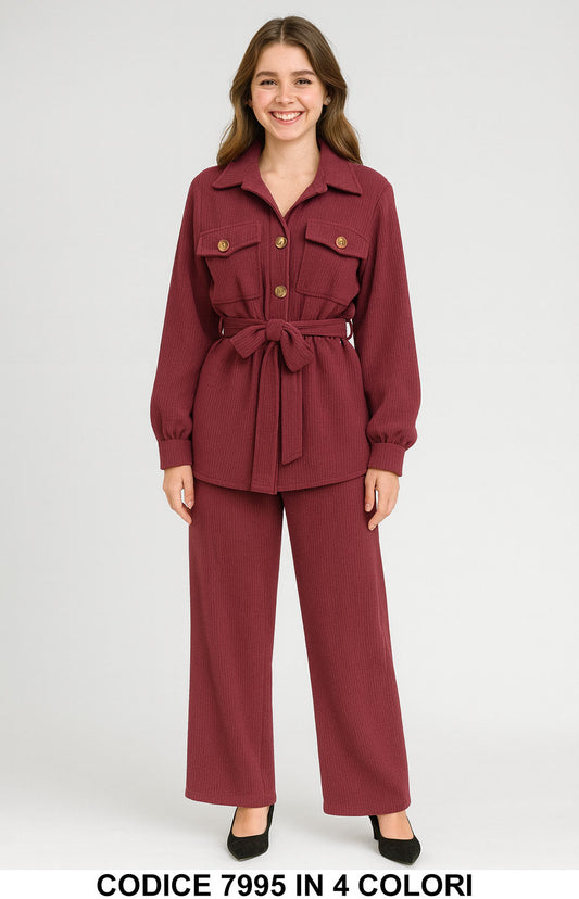 Completo donna in maglia costine con cintura Giacchina Pantalone Palazzo Coordinato - in 4 colori – 7995