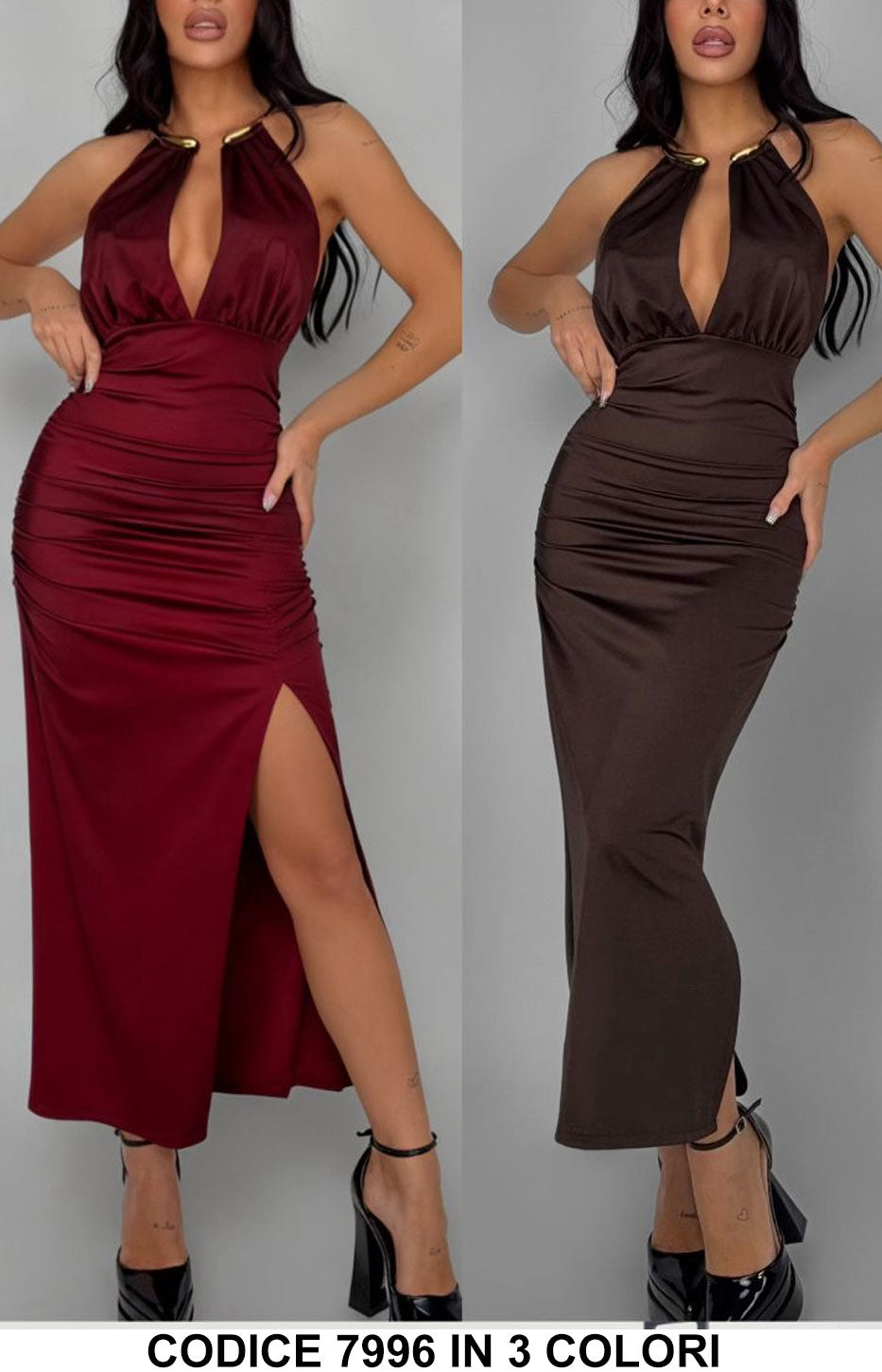 Abito lungo elegante con dettaglio dorato sullo scollo Vestito